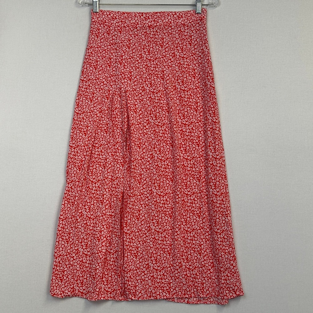 H&M Floral High Slit Midi Skirt Red White Women's Size 4